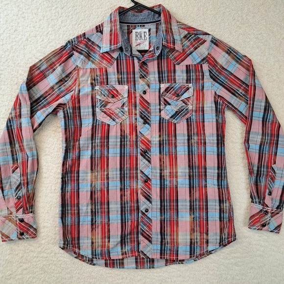 BKE Vintage Buckle Red Plaid Lightweight Cotton Western Shirt Men Size Small - Picture 1 of 8
